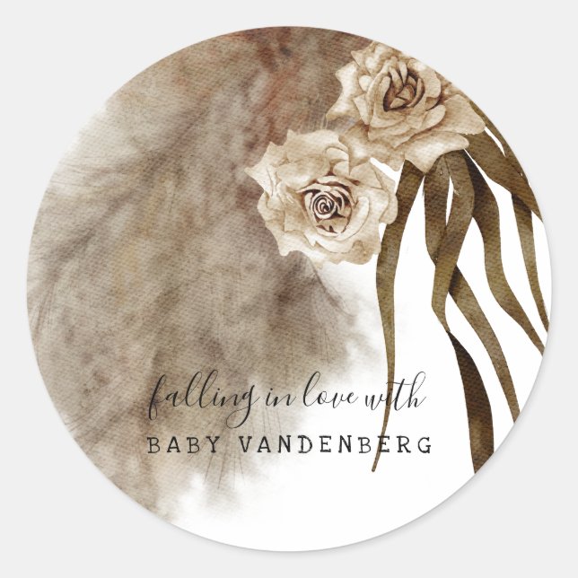 Fall in Love Pampas Grass Baby Shower Classic Round Sticker (Front)