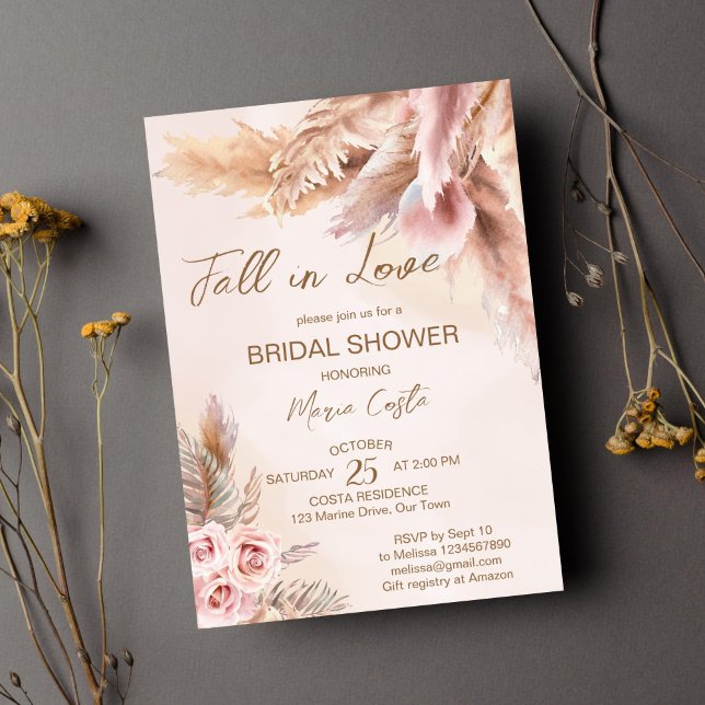 Fall in love pampas grass boho bridal shower invitation (Fall in love )
