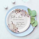 Fall in love pastel boho pumpkin baby shower  paper plate<br><div class="desc">Fall in love autumn baby shower monogrammed personalized printed paper plates  template ,  pastel muted brown watercolor boho foliage with dahlias and plates modern font baby shower table decor personalized tableware</div>