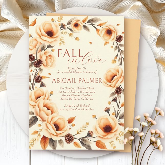 Fall in love peach floral border bridal shower invitation (Creator Uploaded)