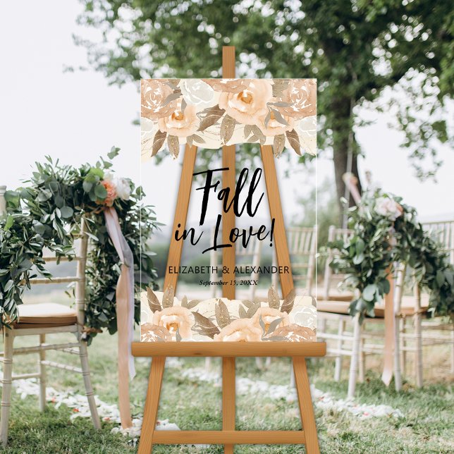 Fall in Love Peach Flowers Wedding Acrylic Sign (Fall in Love Peach Flowers Wedding Welcome Clear Acrylic Sign)