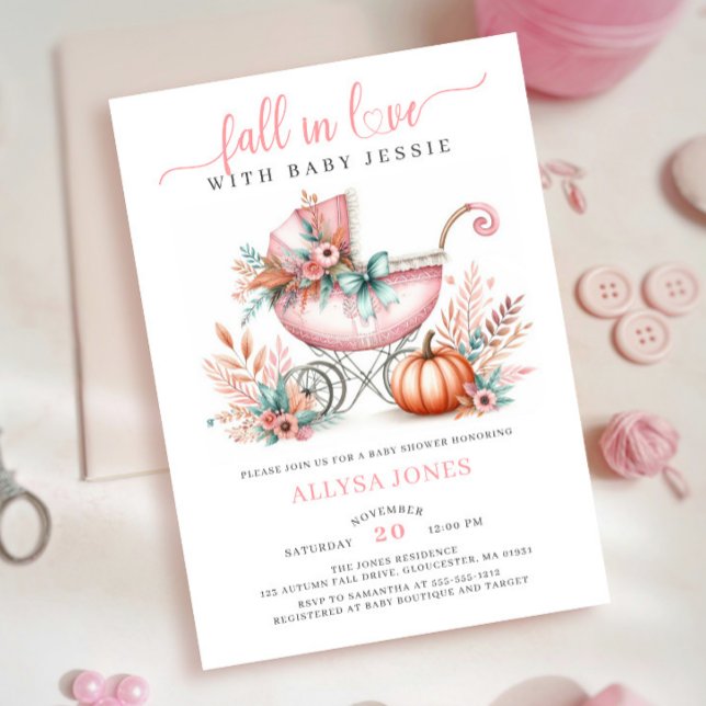 Fall In Love Pink Autumn Floral Baby Shower Invitation (Creator Uploaded)
