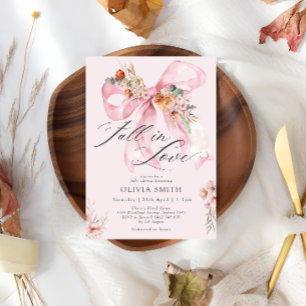 Fall in Love Pink Bow Floral Baby Shower Invitation