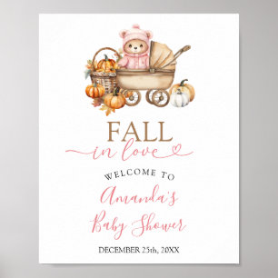 Fall in Love Pink Girl Bear Baby Shower Welcome Poster