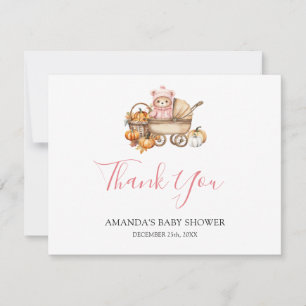 Fall in Love Pink Girl Gingham Bear Baby Shower Thank You Card