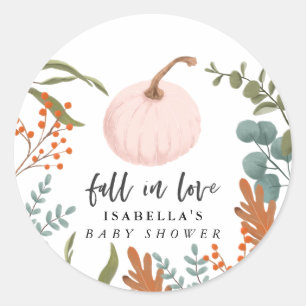 Fall in Love Pink Pumpkin Autumn Baby Shower Classic Round Sticker