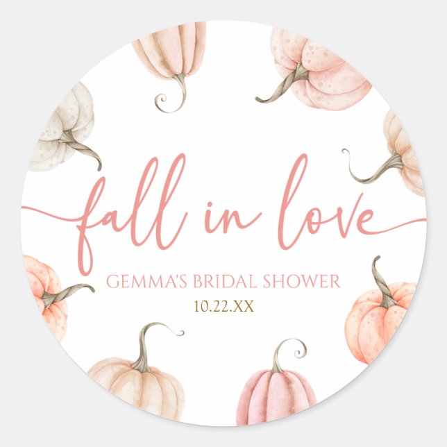 Fall In Love Pink Pumpkin Bridal Shower Classic Round Sticker (Front)