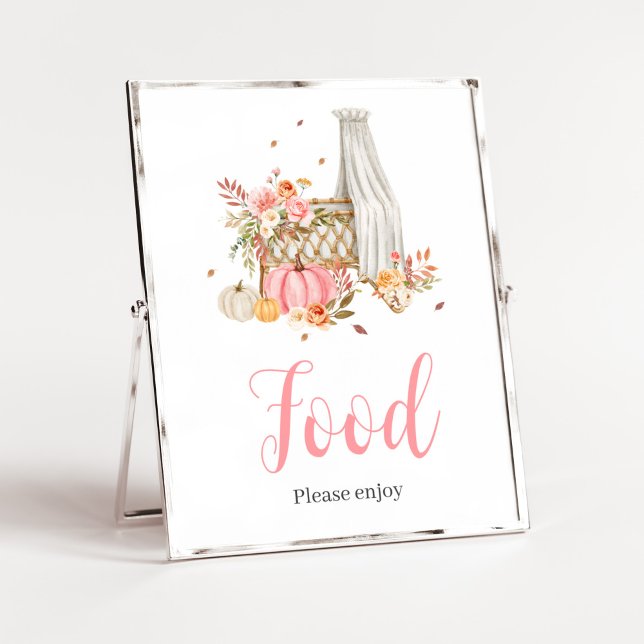 Fall In Love Pink Pumpkin Food Baby Shower Poster (Fall Autumn Pumpkin Baby Shower Food Sign)