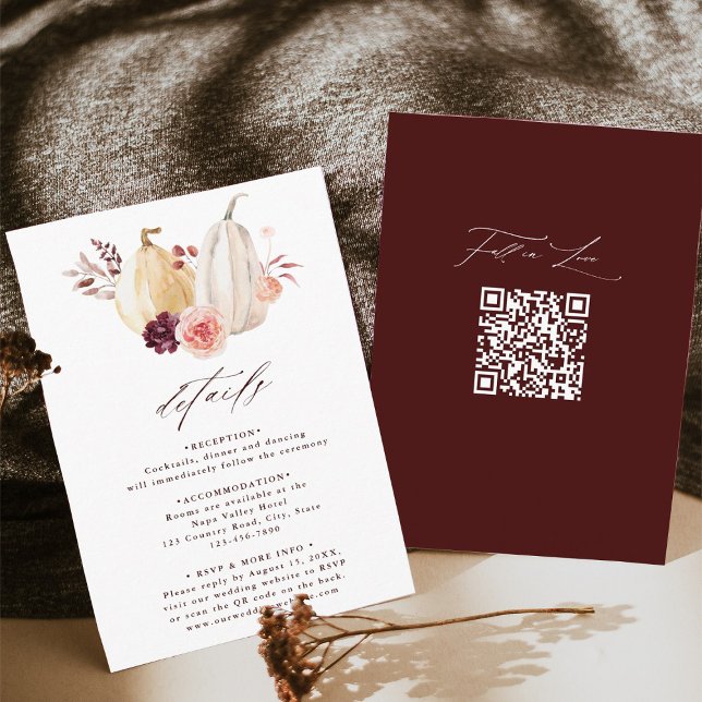 Fall in Love Pumpkin Autumn Wedding Details Enclosure Card (Front & Back)