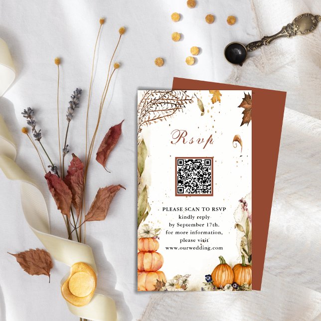 Fall In Love Pumpkin Autumn Wedding QR Code RSVP Enclosure Card (Creator Uploaded)