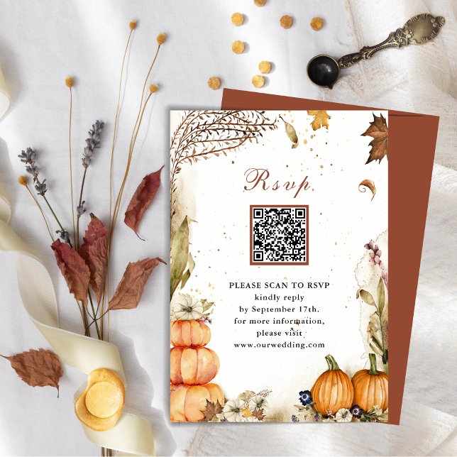Fall In Love Pumpkin Autumn Wedding QR Code RSVP Enclosure Card (Creator Uploaded)