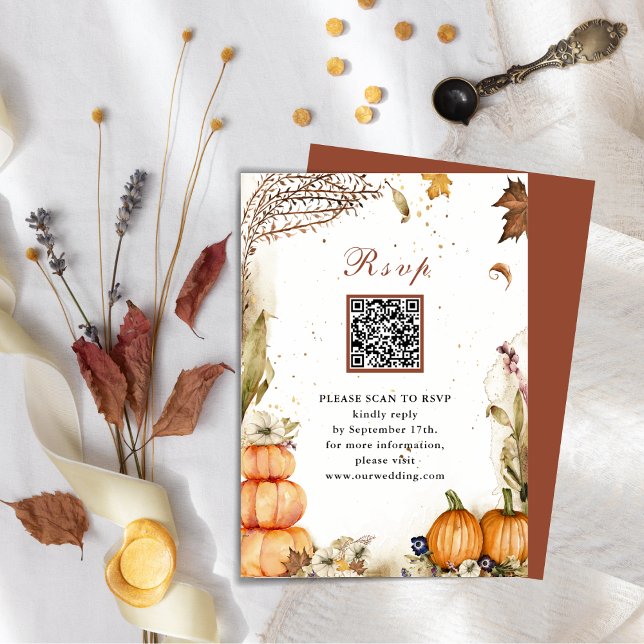 Fall In Love Pumpkin Autumn Wedding QR Code RSVP Enclosure Card (Creator Uploaded)