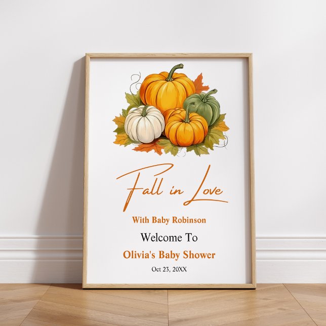 Fall in Love Pumpkin Baby Shower Welcome  Poster (Fall in Love Autumn Pumpkin Baby Shower Welcome Sign   )