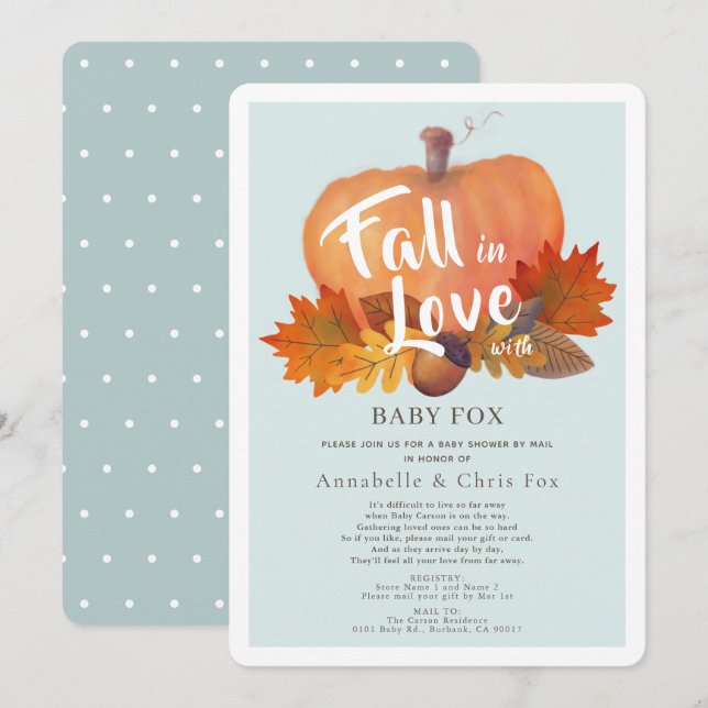 Fall in Love Pumpkin Blue Baby Shower by Mail Invitation (Front/Back)