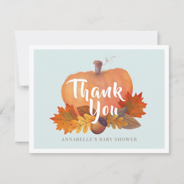 Fall in Love Pumpkin Blue Baby Shower Thank You Card (Front)