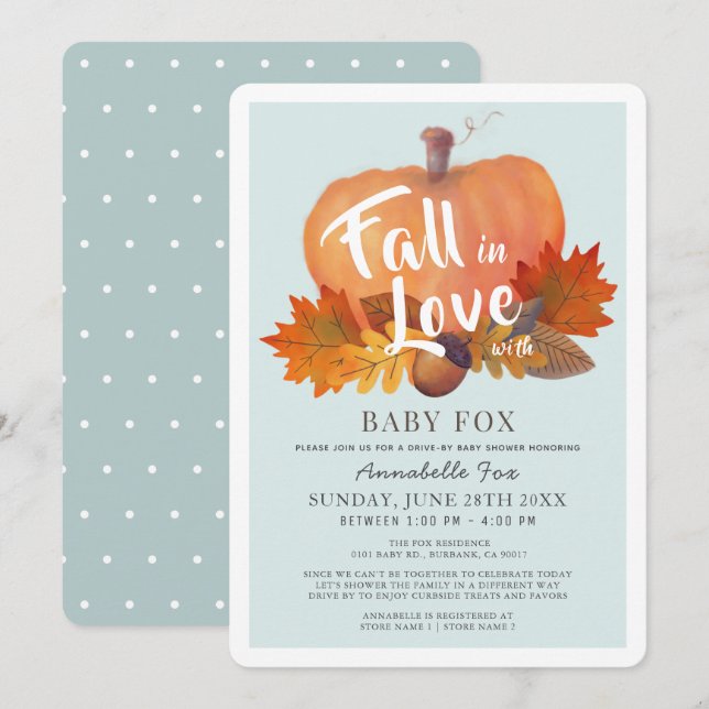 Fall in Love Pumpkin Blue Drive-by Baby Shower Invitation (Front/Back)