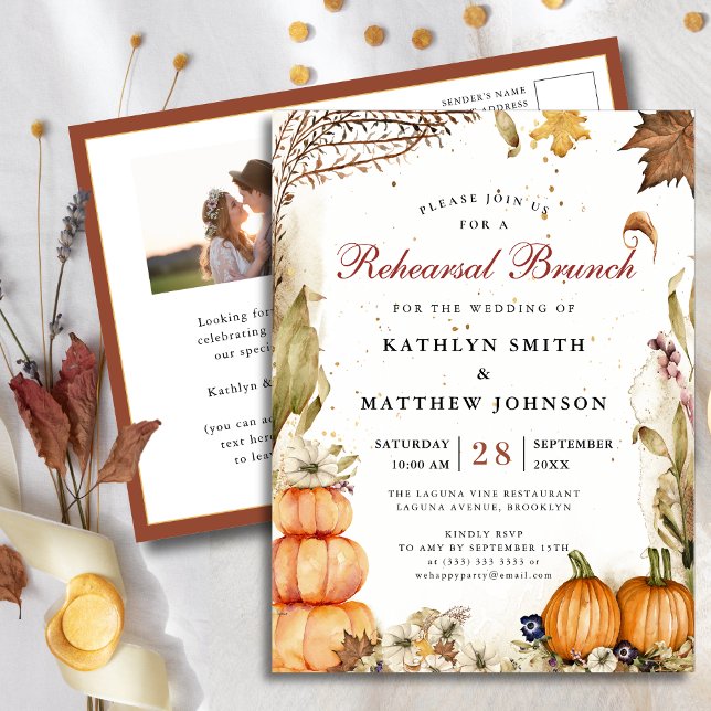 Fall In Love Pumpkin Botanical Rehearsal Brunch Invitation Postcard (Creator Uploaded)