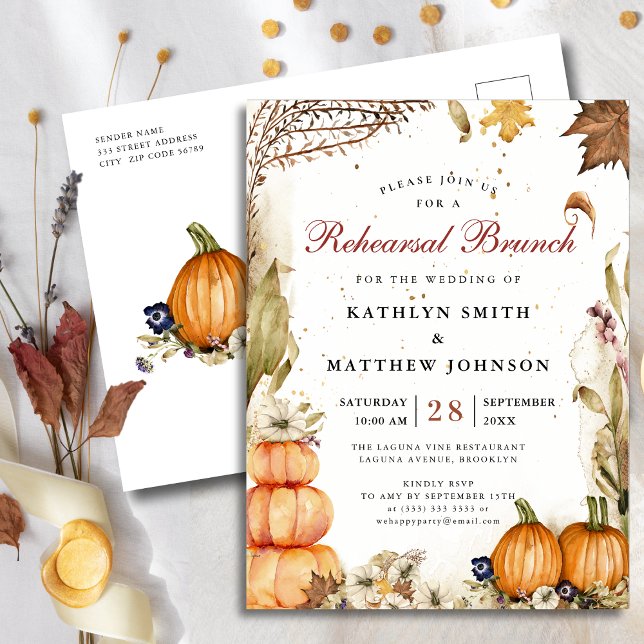 Fall In Love Pumpkin Botanical Rehearsal Brunch Invitation Postcard (Creator Uploaded)