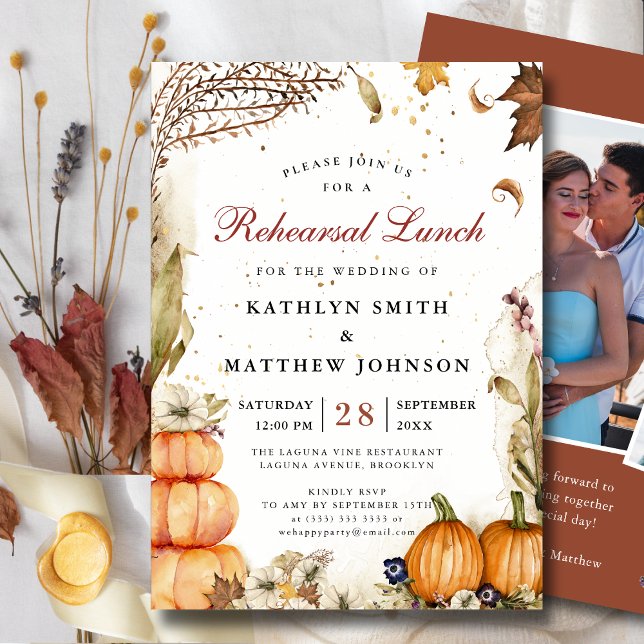 Fall In Love Pumpkin Botanical Rehearsal Lunch Invitation (Creator Uploaded)
