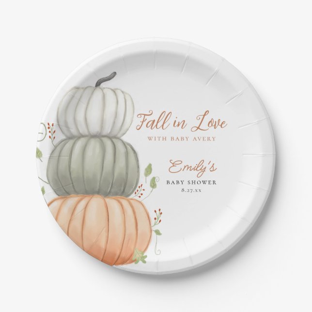Fall in Love Pumpkin Fall Baby Shower Paper Plate (Front)