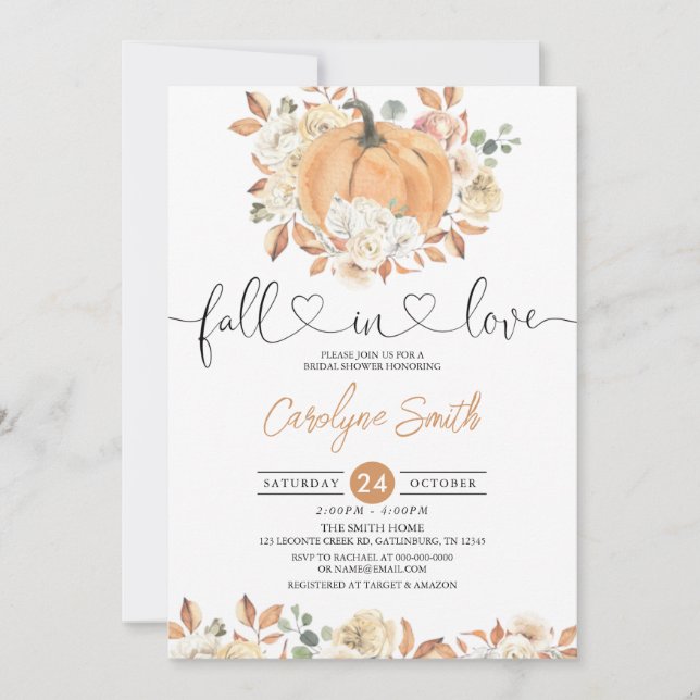 Fall in Love Pumpkin Fall Floral Bridal Shower Invitation (Front)