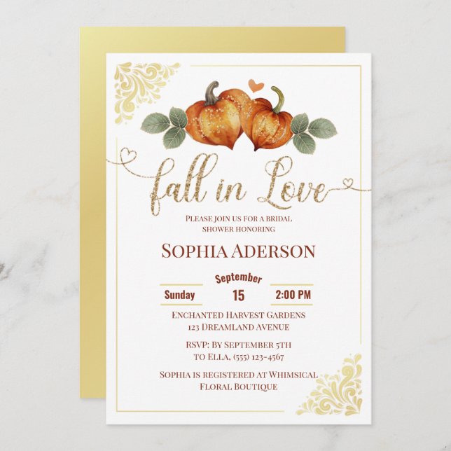 Fall In Love Pumpkin Heart Bridal Shower Invitation (Front/Back)