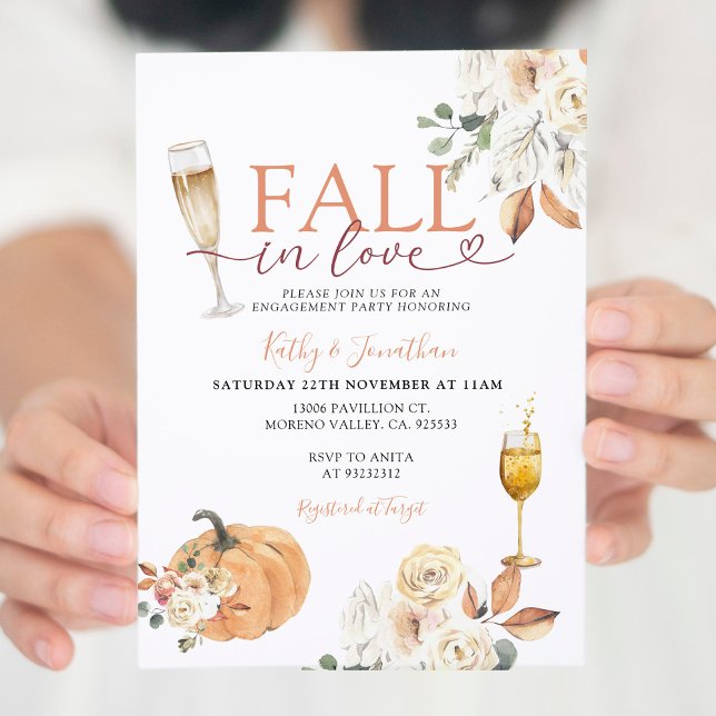 Fall in Love Pumpkin Ivory Floral Engagement Party Invitation (Creator Uploaded)