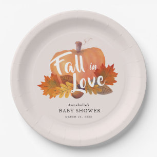 Fall in Love Pumpkin Leaves Pink Baby Shower Paper Plate
