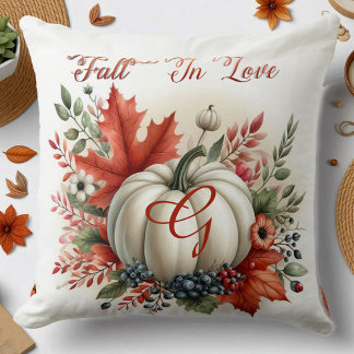 Fall In Love Pumpkin Monogram Autumn Leaves Rustic Throw Pillow