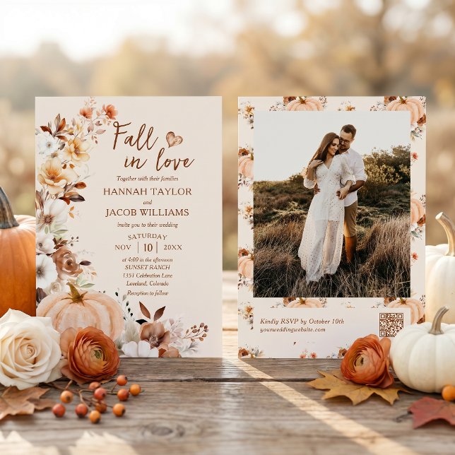 Fall in Love Pumpkin Photo QR Code Wedding Invitation (Creator Uploaded)