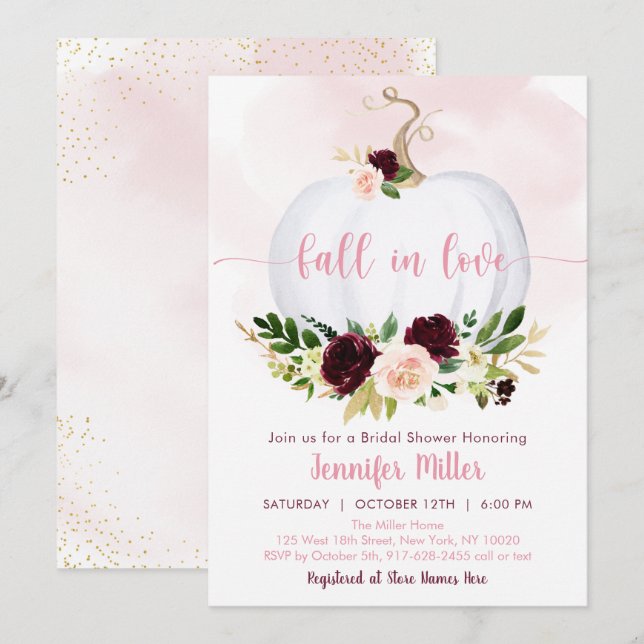 Fall In Love Pumpkin Pink Burgundy Bridal Shower Invitation (Front/Back)