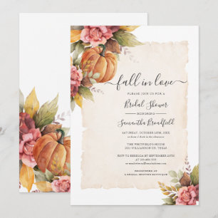 Fall in Love Pumpkin Pink Floral Bridal Shower Invitation