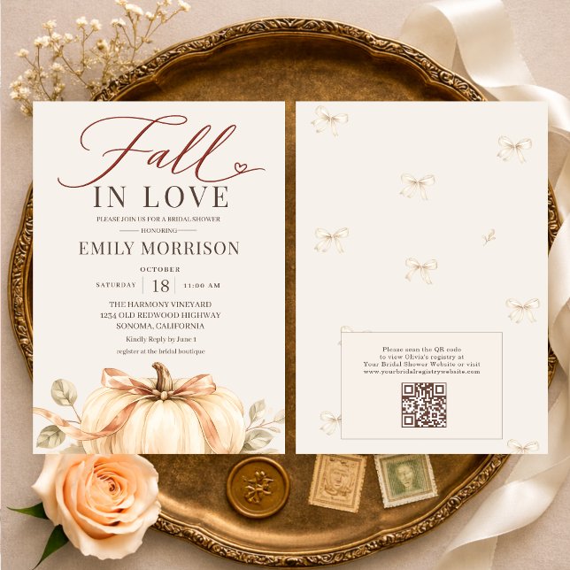Fall in Love Pumpkin QR Code Rustic Bridal Shower Invitation (Creator Uploaded)