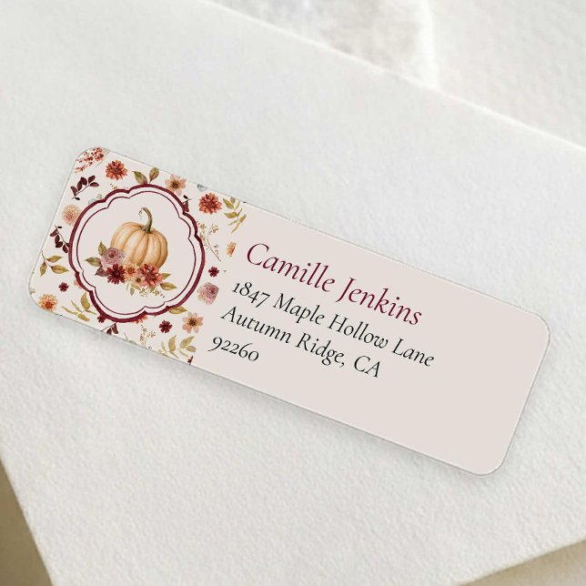 Fall in Love Pumpkin Return Address Label (Pumpkin and Floral Burgundy Return Address Label)