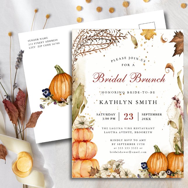 Fall In Love Pumpkin Rustic Autumn Bridal Brunch Invitation Postcard (Creator Uploaded)