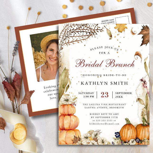 Fall In Love Pumpkin Rustic Autumn Bridal Brunch Invitation Postcard (Creator Uploaded)