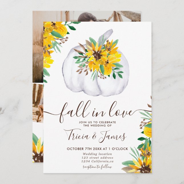 Fall in love pumpkin rustic photo initials wedding invitation (Front/Back)