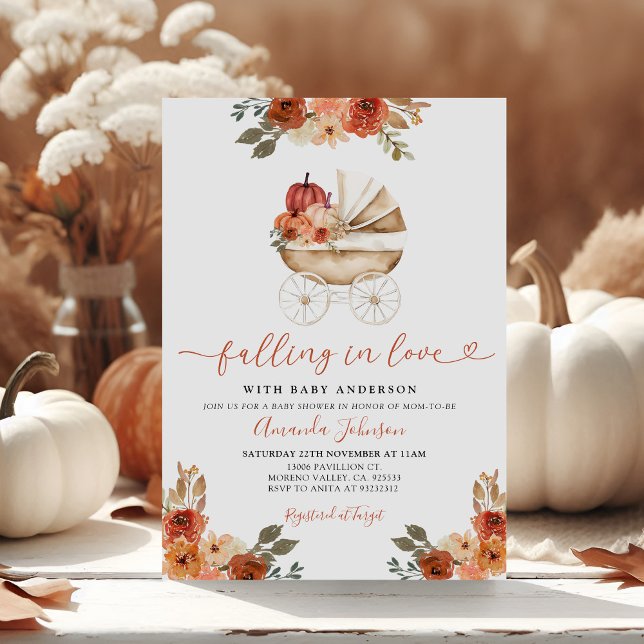 Fall In Love Pumpkin Stroller Floral Baby Shower Invitation (Creator Uploaded)