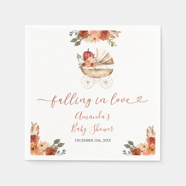 Fall In Love Pumpkin Stroller Floral Baby Shower Napkin (Front)