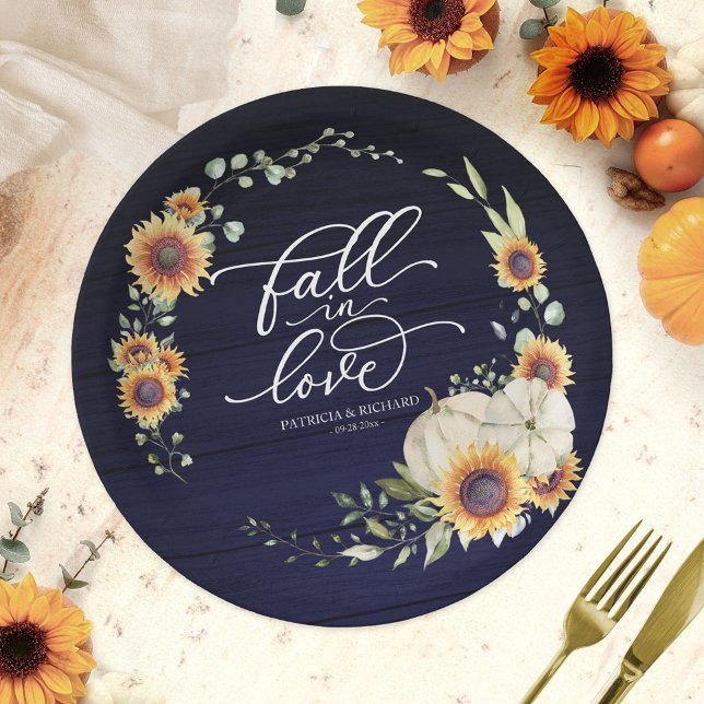 Fall in Love Pumpkin Sunflower Wedding Paper Plate (Creator Uploaded)