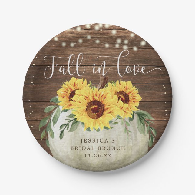 Fall in Love Pumpkin Sunflowers Rustic Paper Plate (Front)
