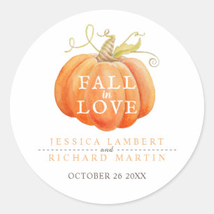Fall in love pumpkin watercolor art wedding  classic round sticker