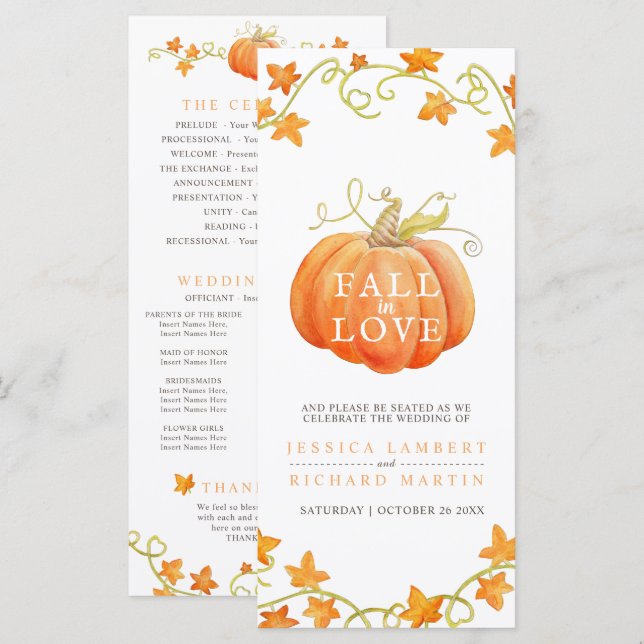 Fall in love pumpkin watercolor wedding program (Front/Back)