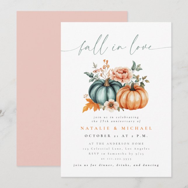 Fall in Love Pumpkin Wedding Anniversary Invitation (Front/Back)