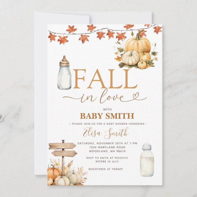 Fall In Love Pumpkins Autumn Leaves Baby Shower Invitation (Front)