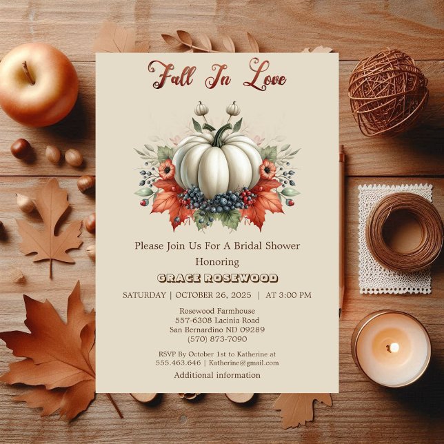 Fall In Love Pumpkins Country Beige Bridal Shower  Invitation (Fall In Love Pumpkins Country Beige Bridal Shower Invitation)