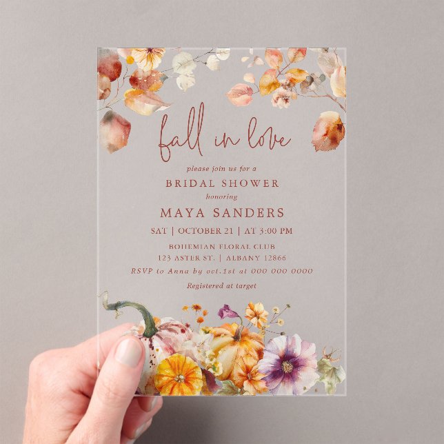 Fall in Love Pumpkins Romantic Bridal Shower Acrylic Invitations (Insitu (Handheld))