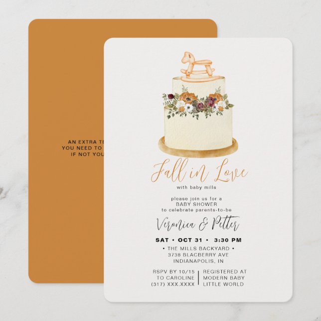 Fall in Love Purple Autumn Cake Baby Shower Invita Invitation (Front/Back)