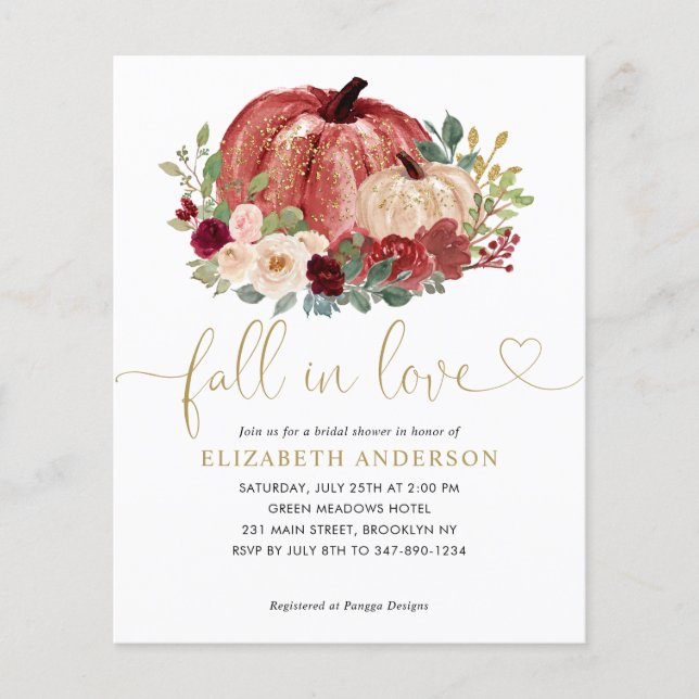 Fall in Love Red Pink Floral Pumpkin Bridal Shower Flyer (Front)
