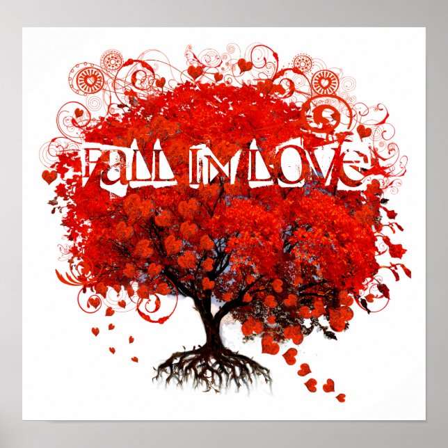 Fall In Love Red Tree With Hearts Falling Poster (Front)
